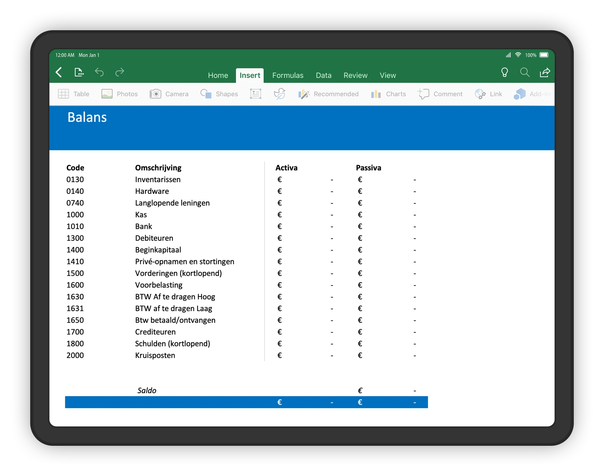 Voorbeeld van een balans opstellen in Excel