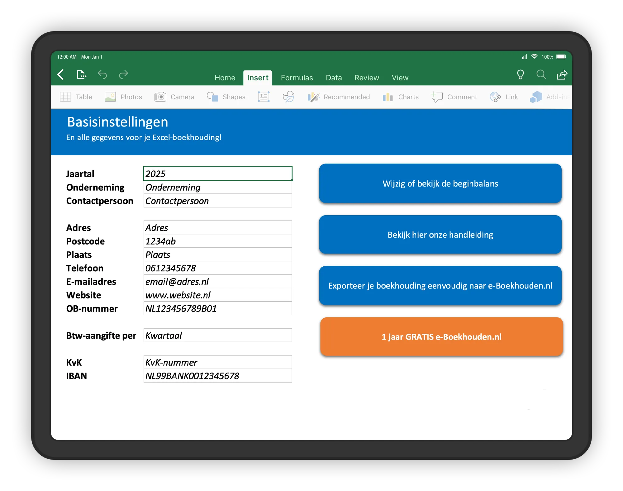 Voorbeeld van de basisinstellingen van je boekhouding in Excel