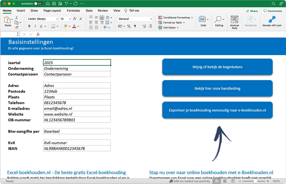 Voorbeeld van de basisinstellingen van je boekhouding in Excel