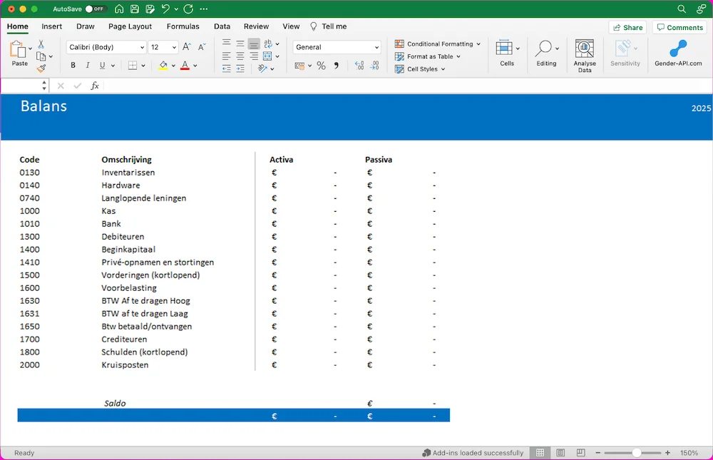 Voorbeeld van een balans opstellen in Excel