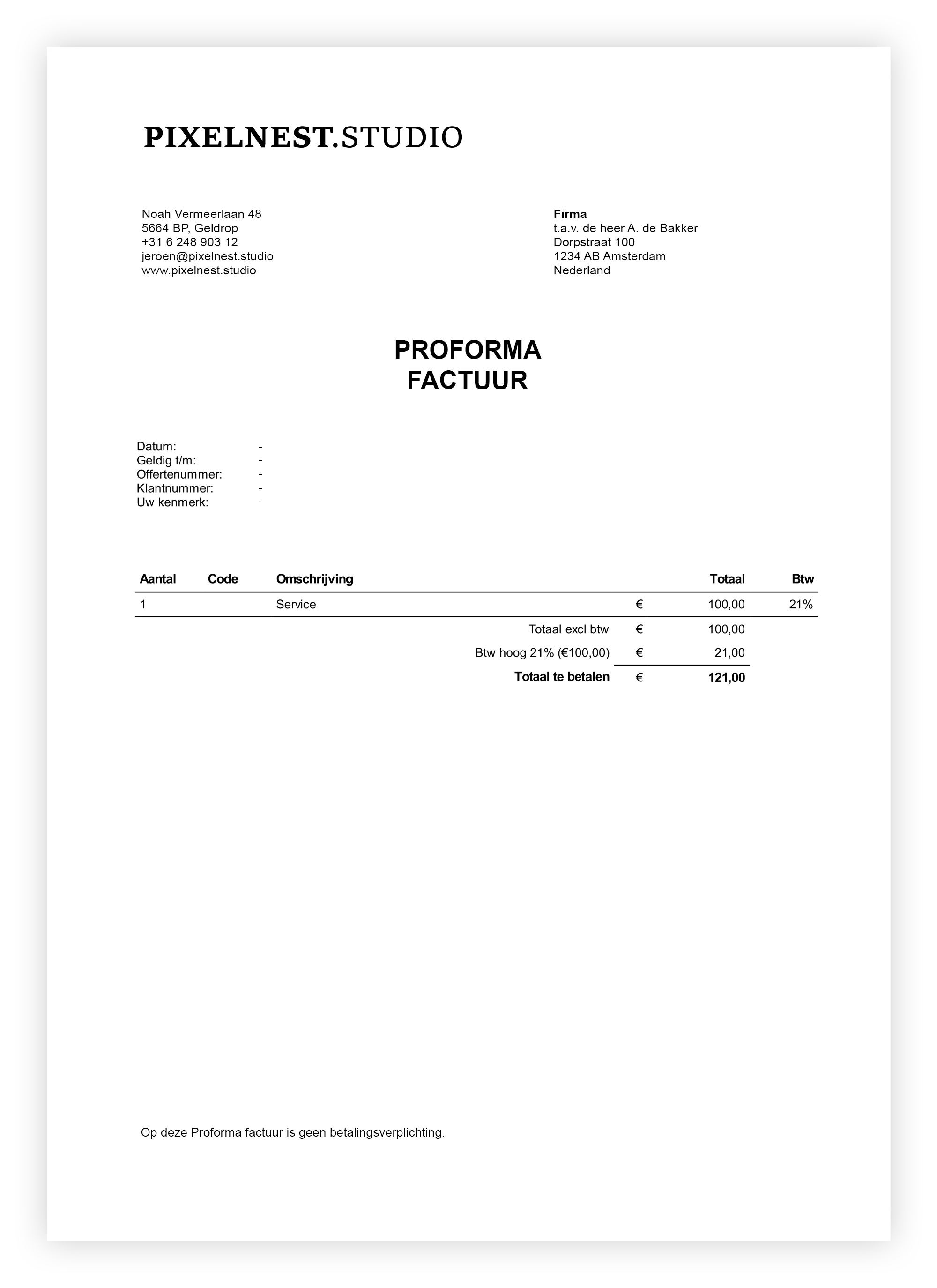 Voorbeeld proforma factuur