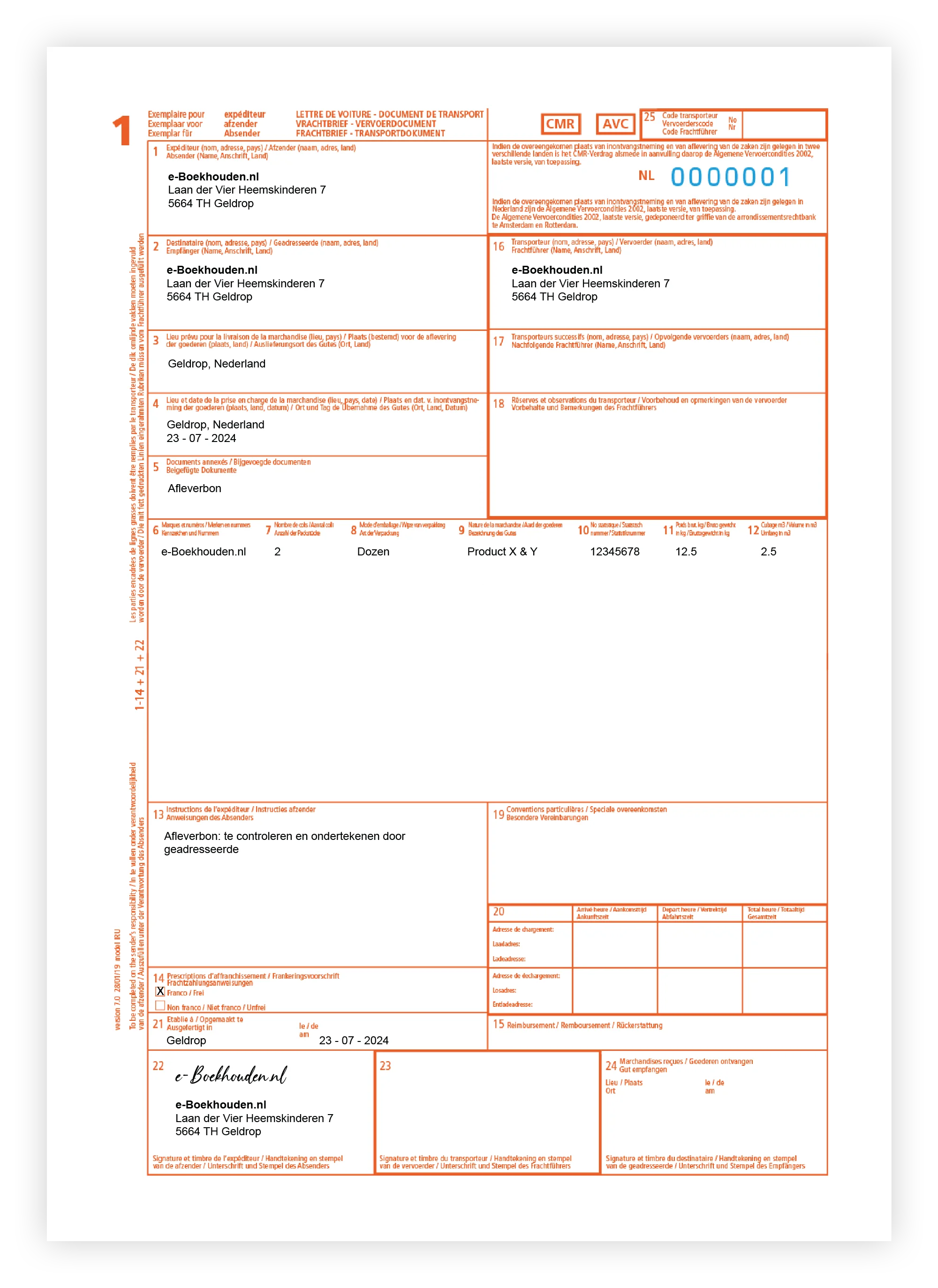 CMR vrachtbrief voorbeeld