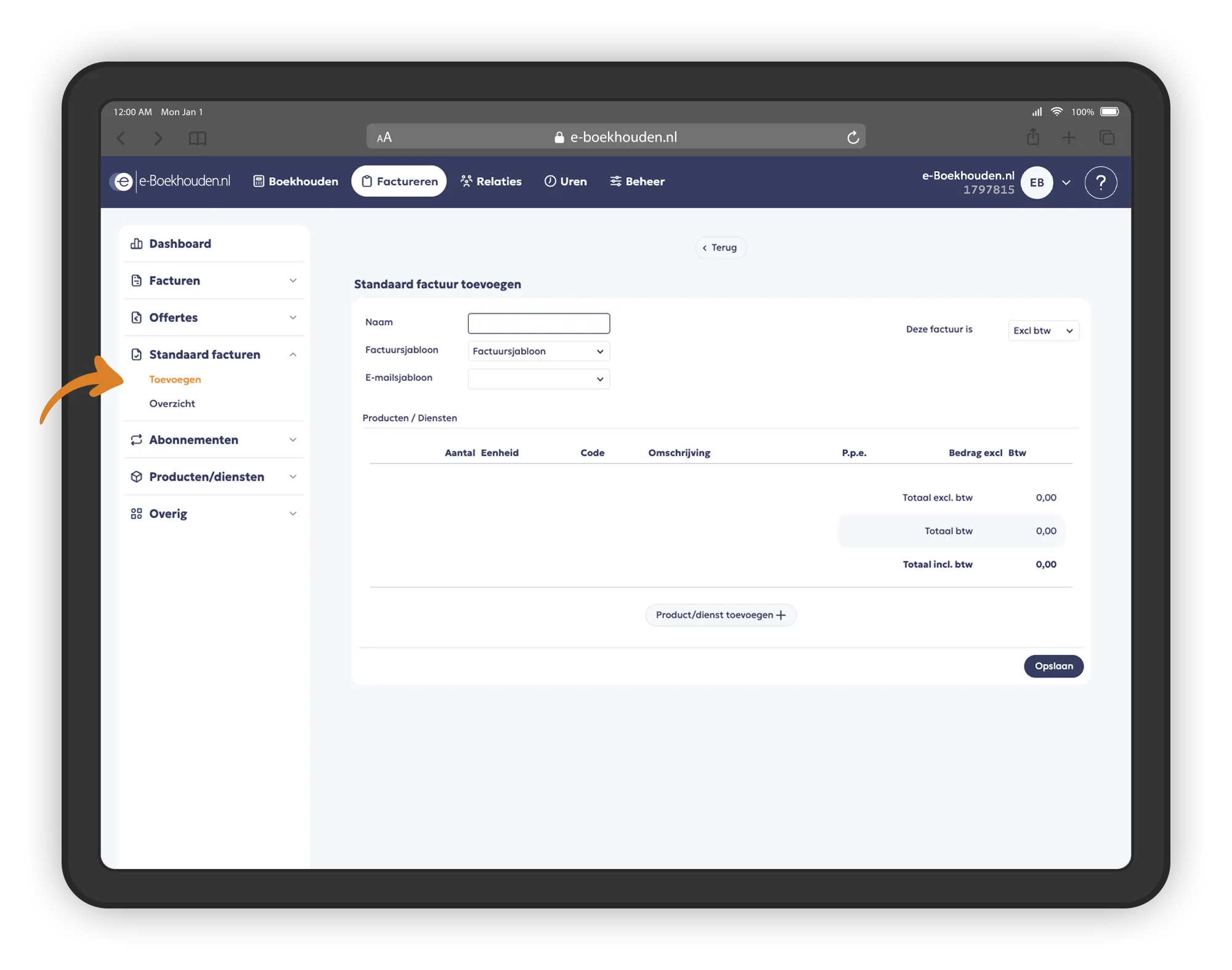 Standaard factuur toevoegen in e-Boekhouden.nl