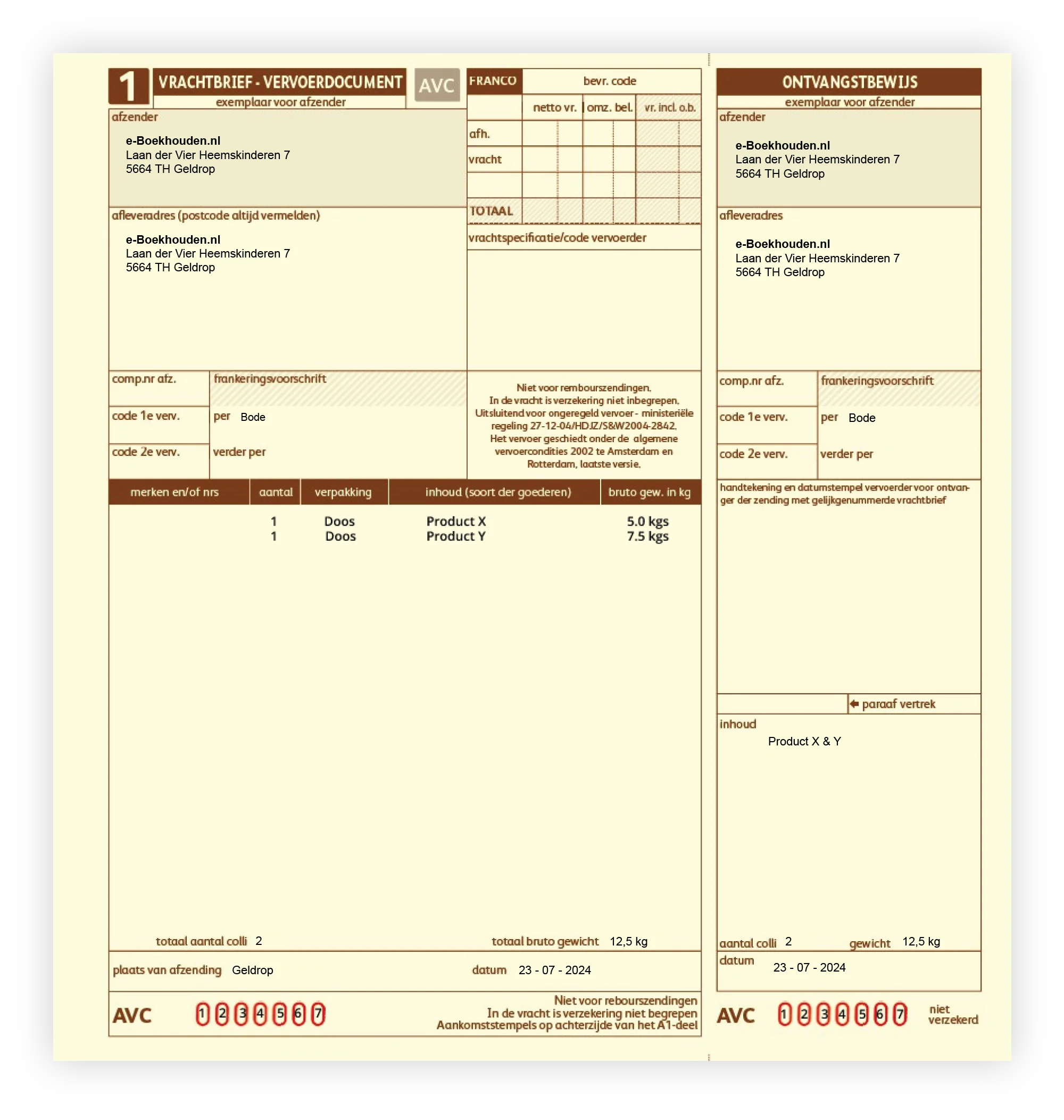 AVC vrachtbrief voorbeeld
